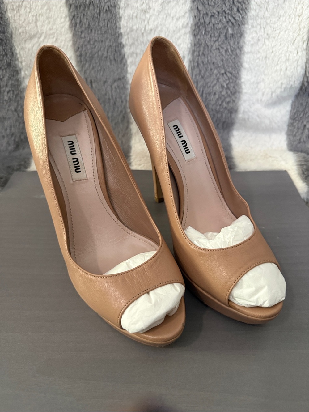 Miu Miu Nude/Tan Leather Peep-Toe High Heels